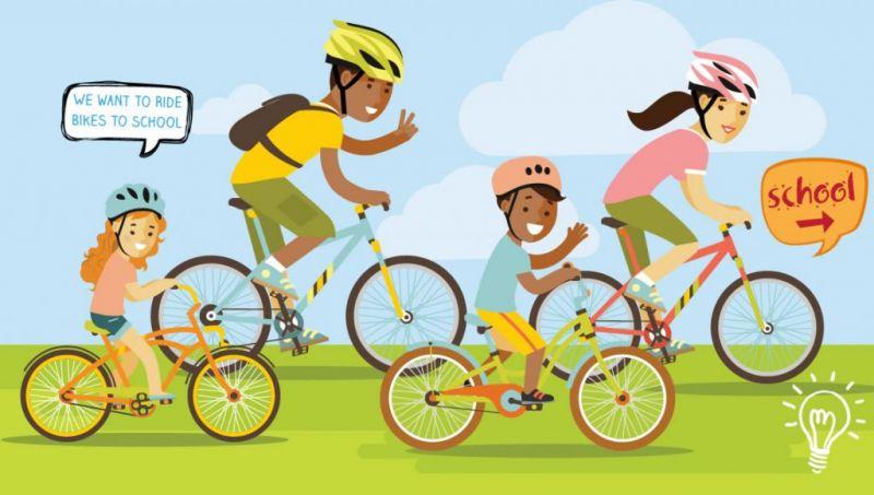 Animated Family riding bikes to school - We want to ride bikes to school