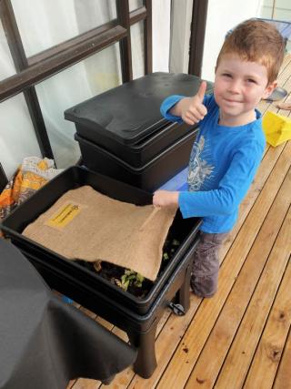Young child with worm farm