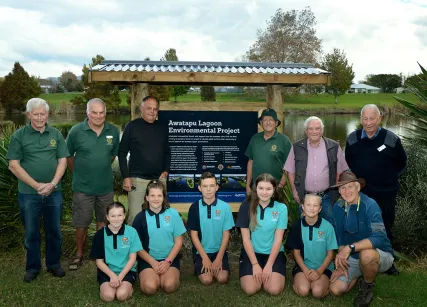From left, standing, Tom Webb, Ray Erskine, Peter Mottram, Paddy Briscoe, Les Baker, and Peter Dickson of the Kopeopeo Lions; and from left in front, Jordyn Rhodes, Ari Gibson, Ethan Burke, Taylor Charters, Marina Sirkku and Graham Henton of Whakatāne Intermediate.