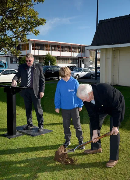 Museum Redevelopment Governance Group Chairman John Pullar looks on while Oscar Burgess-Mahy (centre) and Ron Burgess ‘turn the first sod’ for the Museum redevelopment project.