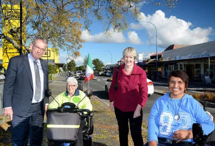 Whakatāne Mayor Tony Bonne, Shirley Townsend, Deputy Mayor Judy Turner, and Sylvia Ratahi of People First checking out the Scooter Challenge course in Kopeopeo.