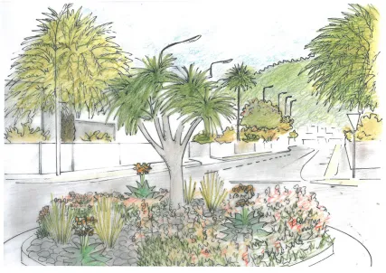 Caption: An artist’s concept drawing of the landscape appeal of the McAlister Street/Commerce Street roundabout with a mature specimen aloe tree.