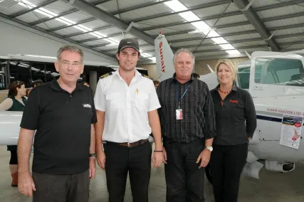 The Mayor of Whakatāne, Tony Bonne, welcomes Sunair representatives Ryan Bergman and Dan and Bev Power.