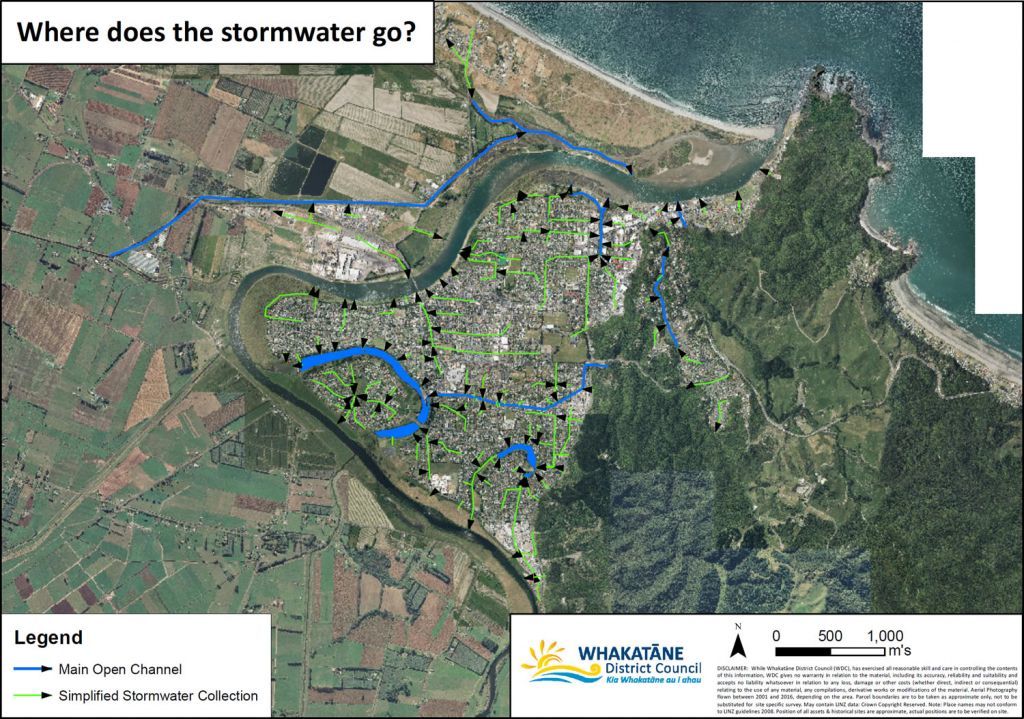 A detailed map showing the stormwater systems in the Whakatāne township