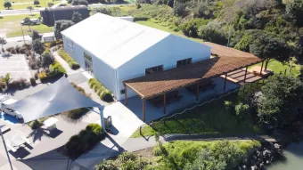 Aerial view of Wharfside venue with decking