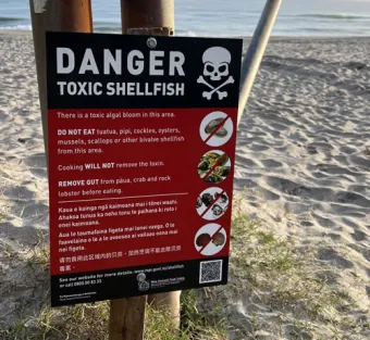 Danger toxic shelfish sign at beach
